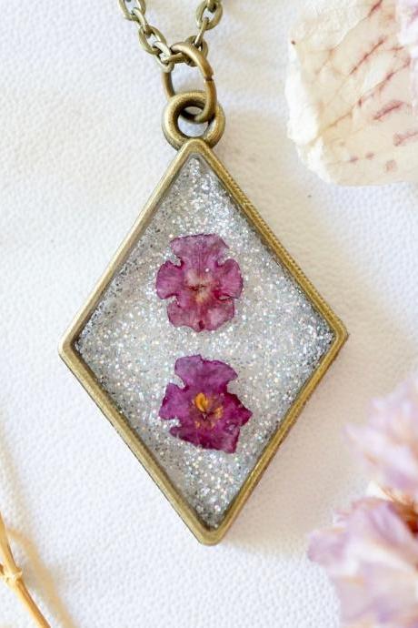 Real Pressed Flowers In Resin, Bronze Necklace In Purple And Iridescent Glitter