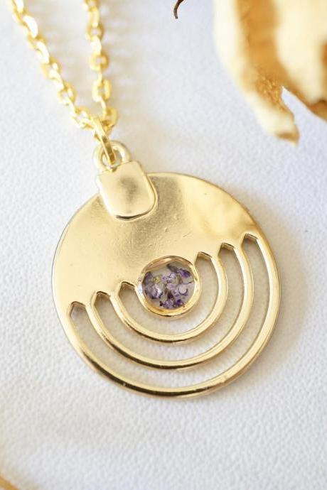 Real Pressed Flowers in Resin, Gold Necklace in Purple