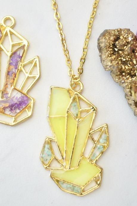 Real Pressed Flowers in Resin, Gold Crystal Necklace in Neon Glow in the Dark
