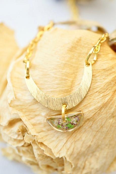 Real Pressed Flowers in Resin, Gold Necklace in Purple and Green