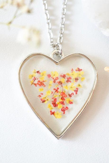 Real Pressed Flowers in Resin Heart Necklace in Red Yellow Mix