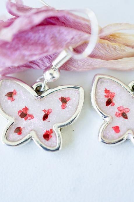 Real Pressed Flowers Earrings, Silver Butterfly Drops in Red