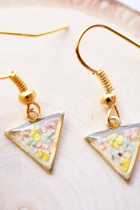 Real Pressed Flowers And Resin Drop Earrings, Gold Triangles In Yellow Mint Light Pink