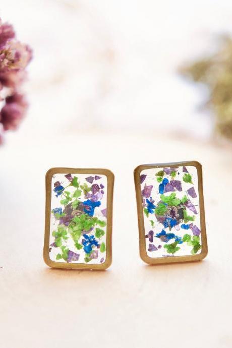 Real Pressed Flowers And Resin Stud Earrings, Gold Rectangle In Green Blue With Purple Glass Glitter