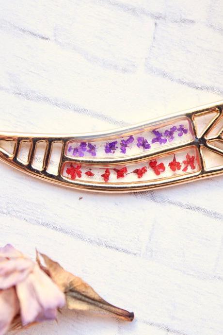Real Pressed Flowers in Resin, Gold Tribal Horn Necklace in Red and Purple