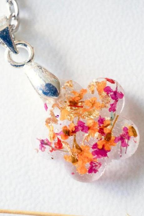 Real Pressed Flowers in Moon Resin Necklace in Magenta Orange and Gold Flakes