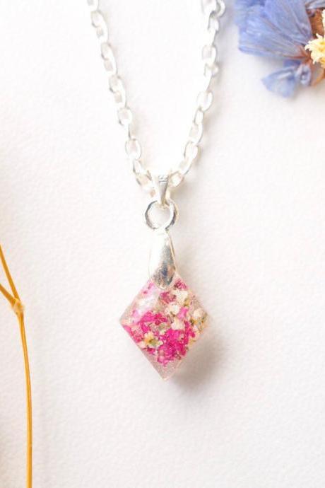 Real Pressed Flowers in Diamond Resin Necklace in Pinks and White