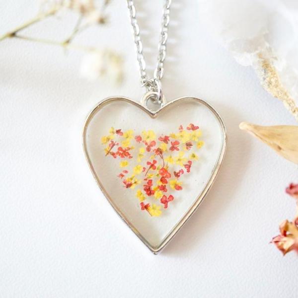 Real Pressed Flowers in Resin Heart Necklace in Red Yellow Mix