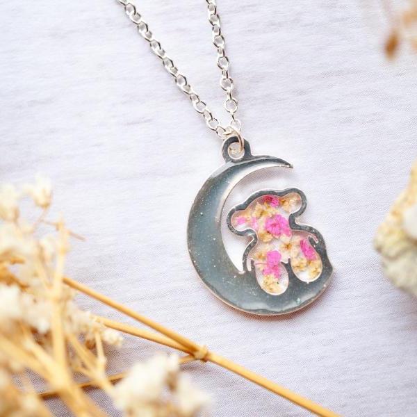 Real Pressed Flowers in Resin, Silver Bear and Moon Necklace in Yellow and Pink